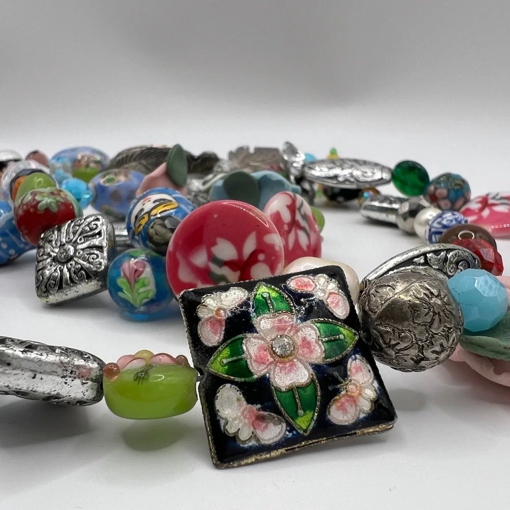 Geisha‎ Multi Strand Beaded Necklace Porcelain Lampwork Fish Nesting Doll Floral